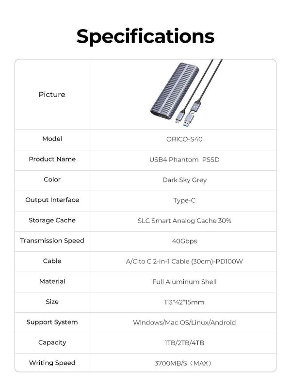 ORICO Phantom Portable SSD 3700MB/s External Solid State Drive 1TB Type- C Aluminum Alloy PSSD Built-in Cooling Fan 1TB