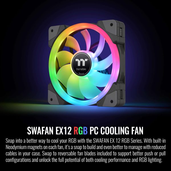 Thermaltake SWAFAN EX 12 RGB PC Cooling Fan, 3 Pack, 500 ~ 2000 RPM, Magnetic Connection, Reversable Blades, controller included, CL-F143-PL12SW-A