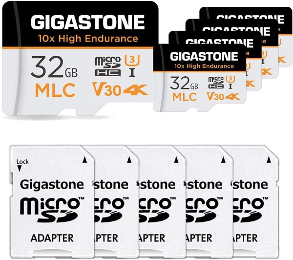 [10x High Endurance] Gigastone Industrial 8GB MLC Micro SD Card, Full HD Video Recording, Security Cam, Dash Cam, Surveillance Compatible 85MB/s, U1 C10, with Adapter [5-Yrs Free Data Recovery] - 160GB (32GB x 5),5-Pack