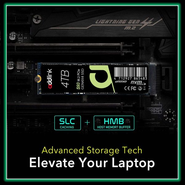 Addlink S93 4TB PCIe 4.0 NVMe SSD M.2 2280 Internal Solid State Drive, Read Speed up to 7400 MB/s, for Gamers and Creators- Dram-Less SLC Cache SSD