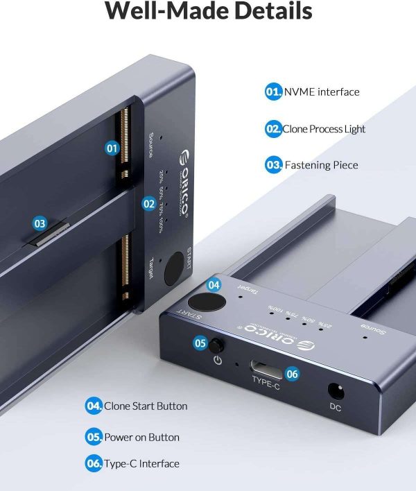 ORICO M.2 NVMe Cloner Dual-Bay NVMe Docking Station USB C to NVMe SSD Enclosure Aluminum M.2 Duplicator Offline Clone for PCIe M-Key SSDs Max 8TB Tool Free-M2P2