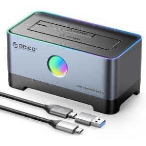 ORICO RGB HDD Docking Station Type-C Aluminum 2.5/3.5 Inch HDD Case RGB Cyberpunk Design 10Gbps Fast Speed Hard Disk Bay for PC Dual HDD With Clone Function - Single HDD,1 Bay,Without Clone Function