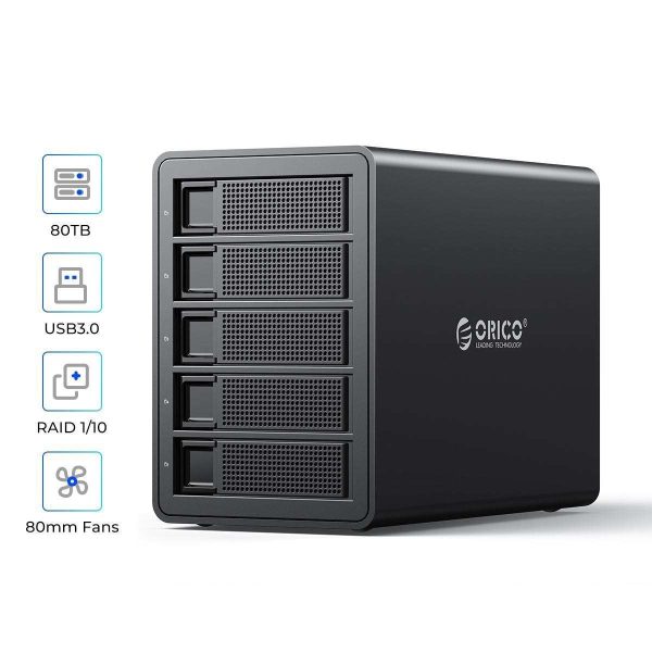 ORICO 5 Bay Raid Enclosure External Hard Drive Enclosure Case Support 90TB for 2.5/3.5 in HDD SSD Aluminum Hard Drive Docking Station for Enterprise Data Storage Built-in 150W Power With Raid