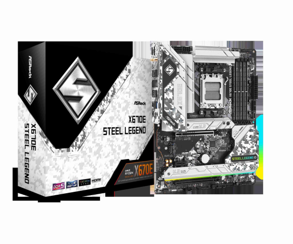 ASRock X670E Steel Legend AM5 ATX Motherboard. 4xDDR5 slots, PCIE 5.0X16, AMD Cross Fire, QuadM.2 slots, Dual LAN ports 1GB and 2.5GB , WIFI-6E,7.1 HD audio, HDMI 2.1, DP 1.4 ports
