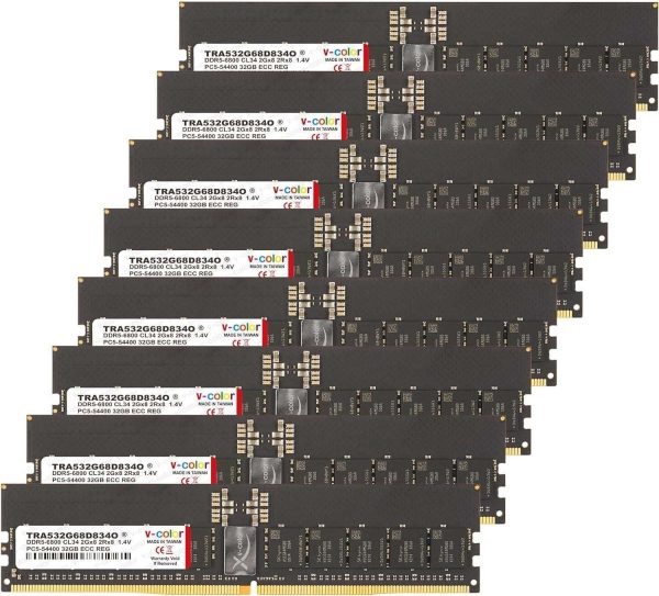 V-COLOR DDR5 768GB (96GBx8) 6000MHz CL36 6Gx4 2Rx4 OC R-DIMM (Overclocking ECC Registered DIMM) 1.25V Memory Ram for WRX90 Workstation (AMD EXPO) (TRA596G60D436O) - 256GB (8 x 32GB),288-Pin DDR5 SDRAM,DDR5 6800 (PC5 54400)