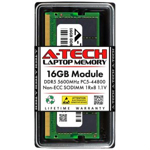 A-Tech 8GB DDR5 5600MHz SODIMM PC5-44800 Non-ECC Unbuffered CL46 1.1V 262-Pin SO-DIMM Laptop Notebook Computer RAM Memory Upgrade Module - 16GB,DDR5 5600 (PC5 44800),46