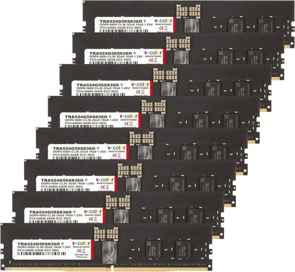 V-COLOR DDR5 768GB (96GBx8) 6000MHz CL36 6Gx4 2Rx4 OC R-DIMM (Overclocking ECC Registered DIMM) 1.25V Memory Ram for WRX90 Workstation (AMD EXPO) (TRA596G60D436O) - 192GB (8 x 24GB),288-Pin DDR5 SDRAM,DDR5 5600 (PC5 44800)
