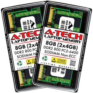 A-Tech 8GB (2x4GB) DDR2 800MHz SODIMM PC2-6400 Non-ECC Unbuffered CL6 1.8V 200-Pin SO-DIMM Laptop Notebook Computer RAM Memory Upgrade Kit
