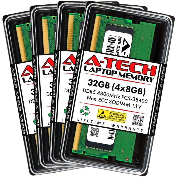 A-Tech 8GB DDR5 5600MHz SODIMM PC5-44800 Non-ECC Unbuffered CL46 1.1V 262-Pin SO-DIMM Laptop Notebook Computer RAM Memory Upgrade Module - 32GB (4 x 8GB),DDR5 4800 (PC4 38400),40