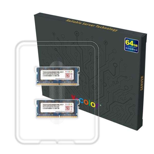 V-COLOR 64GB (2 x 32GB) ECC SO-DIMM DDR4 2666MHz (PC4-21300) for microservers, workstations, Networking Platforms and Embedded Systems 2Rx8 CL19 1.2V (TES432G26D819K-VC)
