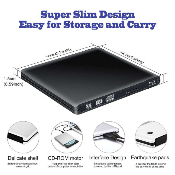 ESTONE Aluminum External DVD Blu-Ray Burner Drive, USB 3.0 Type-C CD DVD +/-RW Optical Drive USB C Burner Slim CD/DVD ROM Rewriter Writer Reader Portable for PC Laptop Desktop MacBook Mac Black