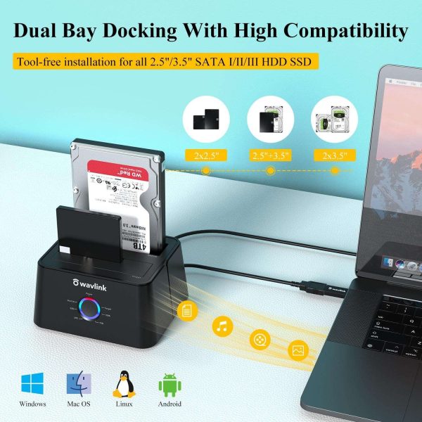 Wavlink USB 3.0 to SATA I/II/II Dual Bay External Hard Drive Docking Station for 2.5" 3.5" SATA HDD/SSD Enclosure 2x 16TB Hard Drive Enclosure With UASP, Support Offline Clone Duplicator, Auto Sleep