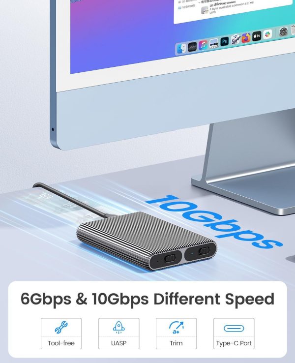 ORICO Dual M.2 NVMe SATA SSD Enclosure, USB C to M2 Adapter for M Key PCIe & B+M Key 2230/2242/2260/2280 M.2 SSDs,Tool-Free Installation Aluminum M.2 Reader Support Trim and UASP up to 2x4TB