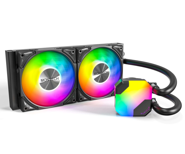 MONTECH HyperFlow ARGB 360 - AIO CPU Liquid Cooler, Intel&AMD Compatible, Chart-Topping Performance, Enhanced 3100RPM Water Pump Design, 3X Metal Pro 12 ARGB Ultimate Cooling Fans - Black - 2 Fan Slots (120 mm),Black,240mm,Black