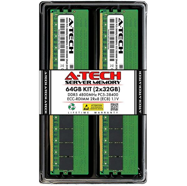 128GB (4x32GB) RAM for Dell PowerEdge T560, R660, R660xs, R6615, R6625, R760, R760xa, R760xd2, R760xs, R7615, R7625, R860, R960 | DDR5 4800MHz EC8 RDIMM PC5-38400 2Rx8 ECC Registered Server Memory Kit - 64GB (2 x 32GB)