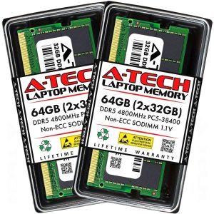 A-Tech 8GB DDR5 5600MHz SODIMM PC5-44800 Non-ECC Unbuffered CL46 1.1V 262-Pin SO-DIMM Laptop Notebook Computer RAM Memory Upgrade Module - 64GB (2 x 32GB),DDR5 4800 (PC4 38400),40