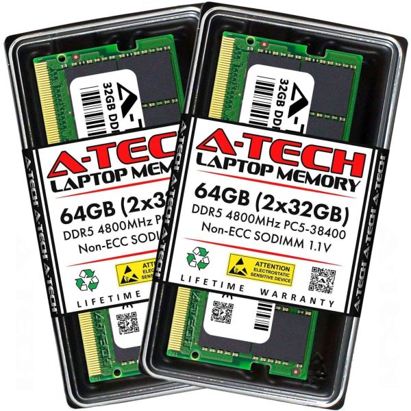 A-Tech 8GB DDR5 5600MHz SODIMM PC5-44800 Non-ECC Unbuffered CL46 1.1V 262-Pin SO-DIMM Laptop Notebook Computer RAM Memory Upgrade Module - 64GB (2 x 32GB),DDR5 4800 (PC4 38400),40