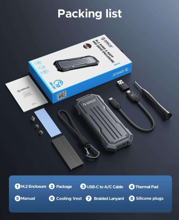ORICO M.2 NVME SSD Enclosure 10Gbps with Lanyard M.2 NVMe/SATA Dual Protocol Enclosure PCIe NVMe Adapter 4TB PCIe/NGFF B&M Key Case Shockproof & Drop-proof for Outdoor Travel (OXS)