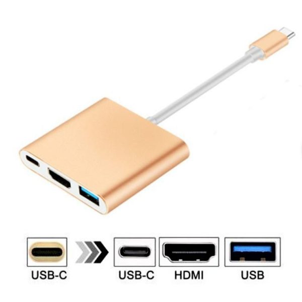 3 in 1 Type-C USB-C 3.1 To HDTV HDMI 4K HD USB 3.0 Type C Male to HDMI Female PD Converter Hub Adapter,Gold