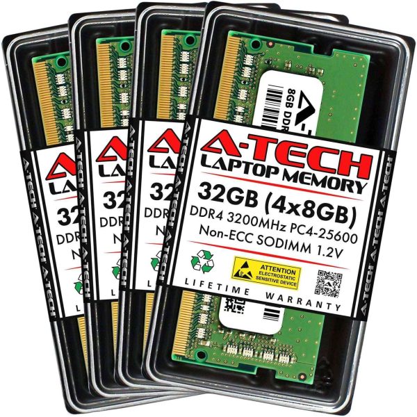 A-Tech 16GB (2x8GB) DDR4 2400MHz SODIMM PC4-19200 Non-ECC Unbuffered CL17 1.2V 260-Pin SO-DIMM Laptop Notebook Computer RAM Memory Upgrade Kit - 32GB (4 x 8GB),DDR4 3200 (PC4 25600),22