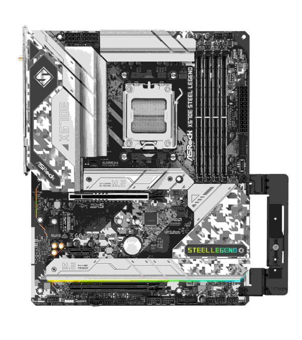 ASRock X670E Steel Legend AM5 ATX Motherboard. 4xDDR5 slots, PCIE 5.0X16, AMD Cross Fire, QuadM.2 slots, Dual LAN ports 1GB and 2.5GB , WIFI-6E,7.1 HD audio, HDMI 2.1, DP 1.4 ports