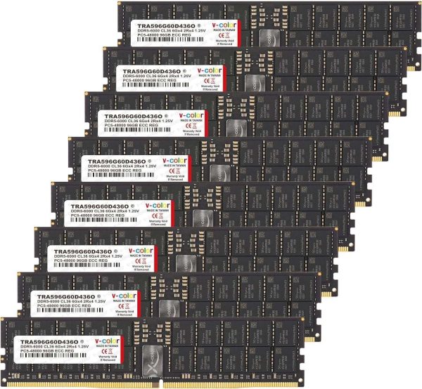 V-COLOR DDR5 768GB (96GBx8) 6000MHz CL36 6Gx4 2Rx4 OC R-DIMM (Overclocking ECC Registered DIMM) 1.25V Memory Ram for WRX90 Workstation (AMD EXPO) (TRA596G60D436O) - 768GB (8 x 96GB),288-Pin DDR5 SDRAM,DDR5 6000 (PC5 48000)