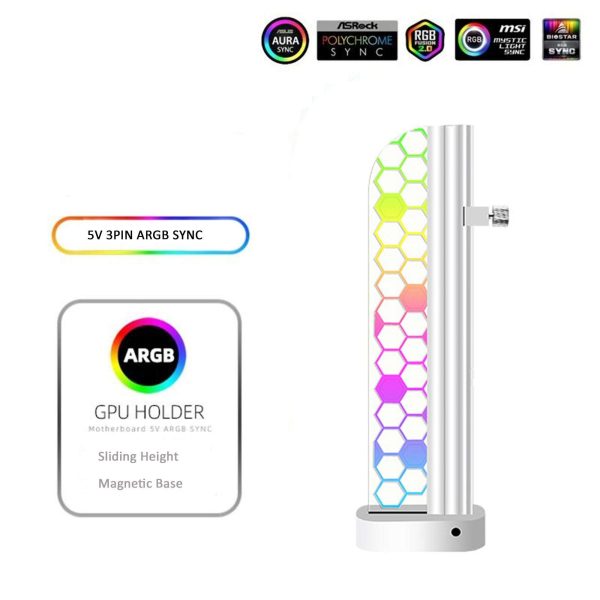 PANO-MOUNTS 5V 3-Pin ARGB Addressable RGB GPU Support Bracket Holder Sliding Height Adjustable Magnetic With Acrylic For Graphics and Video Cards White