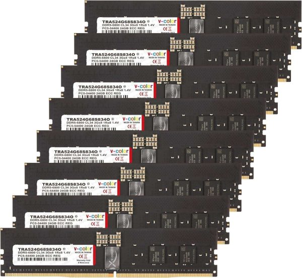 V-COLOR DDR5 768GB (96GBx8) 6000MHz CL36 6Gx4 2Rx4 OC R-DIMM (Overclocking ECC Registered DIMM) 1.25V Memory Ram for WRX90 Workstation (AMD EXPO) (TRA596G60D436O) - 192GB (8 x 24GB),288-Pin DDR5 SDRAM,DDR5 6800 (PC5 54400)