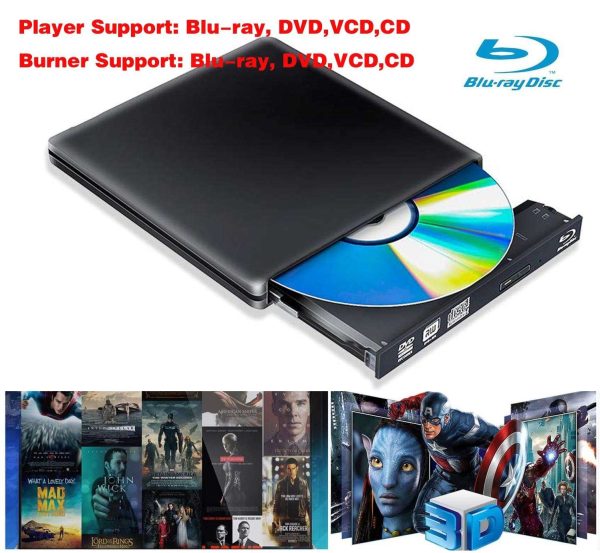 ESTONE Aluminum External DVD Blu-Ray Burner Drive, USB 3.0 Type-C CD DVD +/-RW Optical Drive USB C Burner Slim CD/DVD ROM Rewriter Writer Reader Portable for PC Laptop Desktop MacBook Mac Black