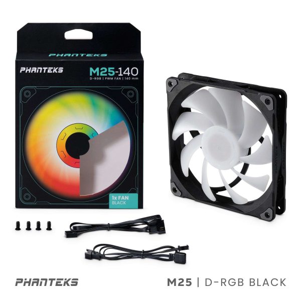 Phanteks M25-140 D-RGB fan, High-Airflow radiator performance, PWM control up to 1800RPM, ARGB/DRGB lighting, Daisy-Chain cable, Black