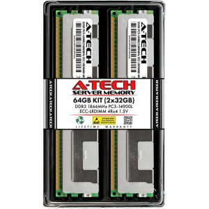 A-Tech 128GB (4x32GB) 4Rx4 PC3-14900L DDR3 1866 MHz ECC LRDIMM 1.5V Load Reduced DIMM 240-Pin Quad Rank x4 Server RAM Memory Upgrade Kit - 64GB (2 x 32GB)