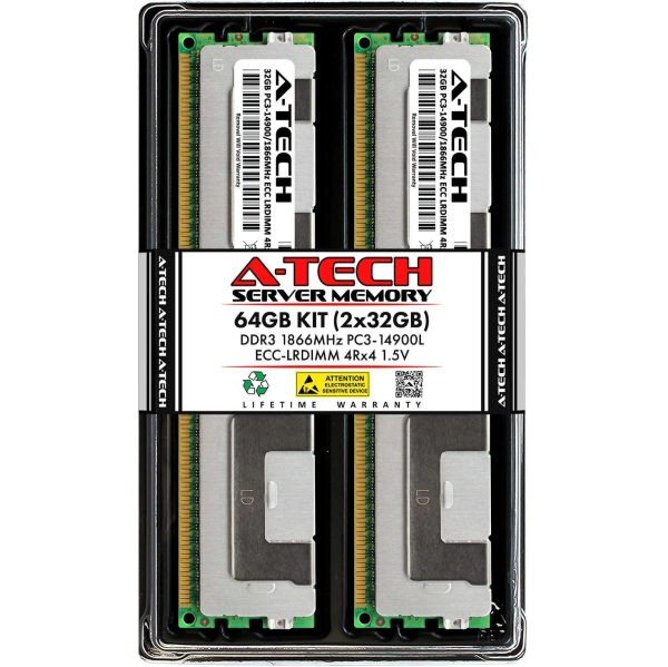 A-Tech 128GB (4x32GB) 4Rx4 PC3-14900L DDR3 1866 MHz ECC LRDIMM 1.5V Load Reduced DIMM 240-Pin Quad Rank x4 Server RAM Memory Upgrade Kit - 64GB (2 x 32GB)