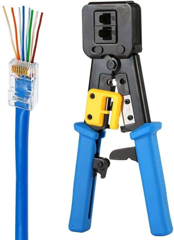 Hannord RJ45 Crimp Tool Pass Through Cat5 Cat5e Cat6 Crimping Tool for RJ45/RJ12 Regular and End-Pass-Through connectors (Orange) - Black Blue