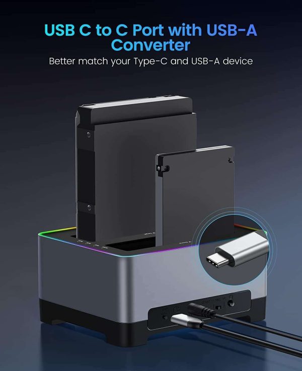 ORICO RGB HDD Docking Station Type-C Aluminum 2.5/3.5 Inch HDD Case RGB Cyberpunk Design 10Gbps Fast Speed Hard Disk Bay for PC Dual HDD With Clone Function
