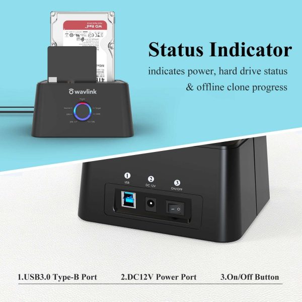 Wavlink USB 3.0 to SATA I/II/II Dual Bay External Hard Drive Docking Station for 2.5" 3.5" SATA HDD/SSD Enclosure 2x 16TB Hard Drive Enclosure With UASP, Support Offline Clone Duplicator, Auto Sleep