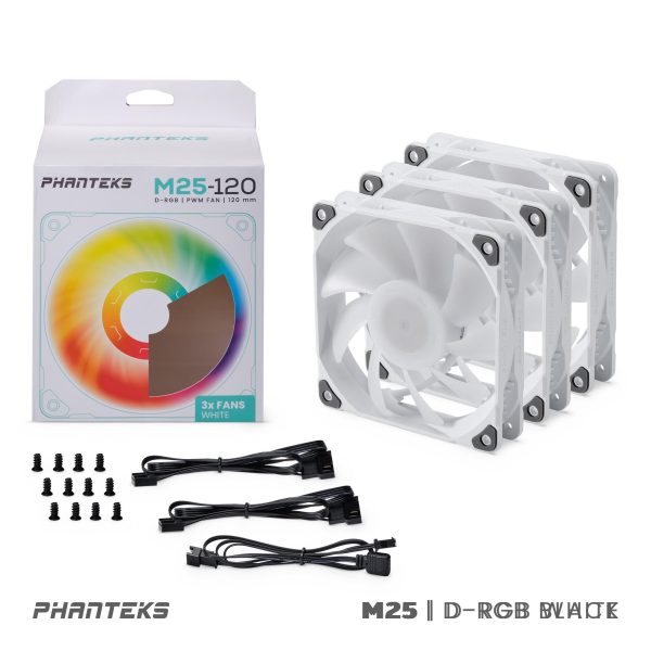 Phanteks M25-120 D-RGB fan, High-Airflow radiator performance, PWM control up to 2000RPM, ARGB/DRGB lighting, Daisy-Chain cable, White,3 Pack