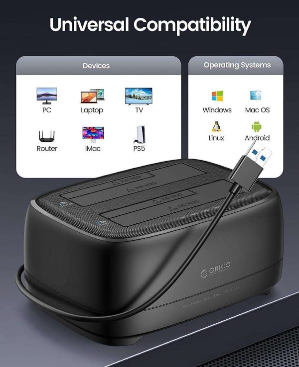 ORICO Dual Bay External Hard Drive Docking Station USB 3.0 to SATA with Duplicator/ Offline Clone Function HDD Dock for 2.5/3.5 inch HDD SSD Plug&Play Support UASP Max Up to 36TB