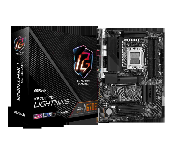 ASRock X670E Steel Legend AM5 ATX Motherboard. 4xDDR5 slots, PCIE 5.0X16, AMD Cross Fire, QuadM.2 slots, Dual LAN ports 1GB and 2.5GB , WIFI-6E,7.1 HD audio, HDMI 2.1, DP 1.4 ports - X670E PG Lightning