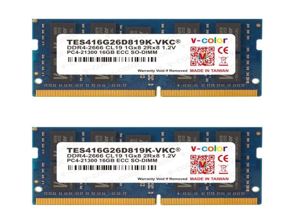 V-COLOR 64GB (2 x 32GB) ECC SO-DIMM DDR4 2666MHz (PC4-21300) for microservers, workstations, Networking Platforms and Embedded Systems 2Rx8 CL19 1.2V (TES432G26D819K-VC) - 32GB (2 x 16GB)