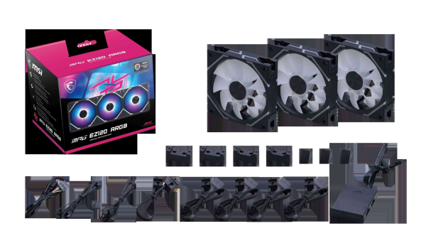 MSI MPG EZ120 ARGB-3B Fan - 120mm ARGB Fan, Patented Magnetic Connector Block, Daisy-Chain Connection, Fluid Dynamic Bearing + Extra nut Fixing, Fan hub, Mystic Light & Cooling Wizard Support, 3 Packs