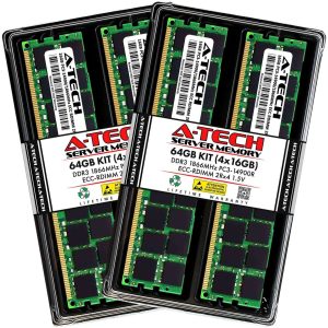 A-Tech 128GB (8x16GB) 2Rx4 PC3-14900R DDR3 1866 MHz ECC RDIMM 1.5V Registered DIMM 240-Pin Dual Rank x4 Server & Workstation RAM Memory Upgrade Kit - 64GB (4 x 16GB)