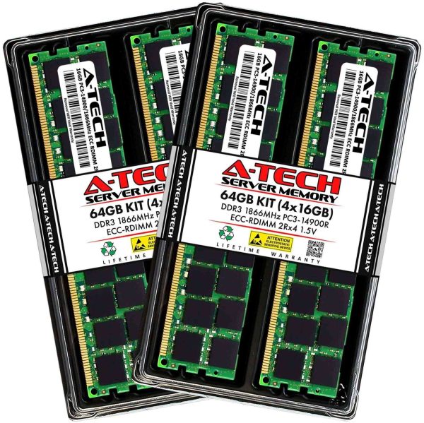 A-Tech 128GB (8x16GB) 2Rx4 PC3-14900R DDR3 1866 MHz ECC RDIMM 1.5V Registered DIMM 240-Pin Dual Rank x4 Server & Workstation RAM Memory Upgrade Kit - 64GB (4 x 16GB)