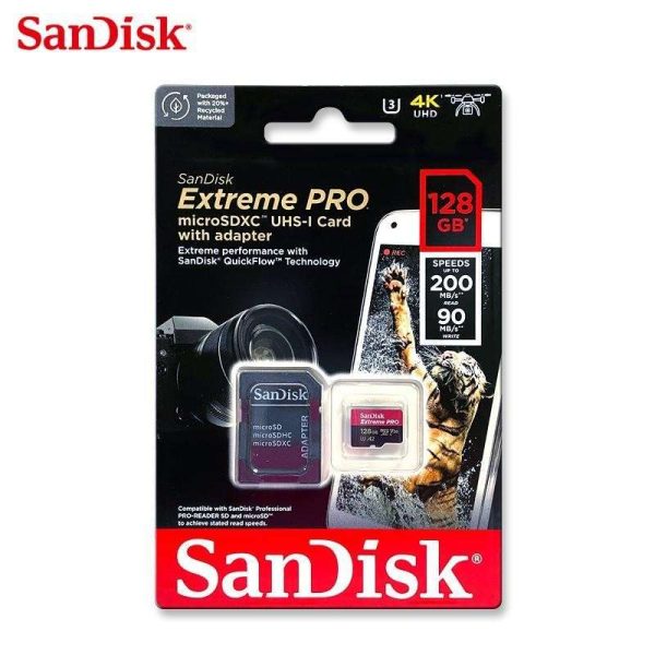SanDisk 128GB Extreme PRO® microSD UHS-I Card with Adapter C10, U3, V30, A2, 200MB/s Read 90MB/s Write SDSQXCD-128G-GN6MA