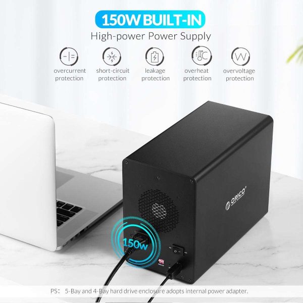 ORICO 5 Bay Raid Enclosure External Hard Drive Enclosure Case Support 90TB for 2.5/3.5 in HDD SSD Aluminum Hard Drive Docking Station for Enterprise Data Storage Built-in 150W Power With Raid