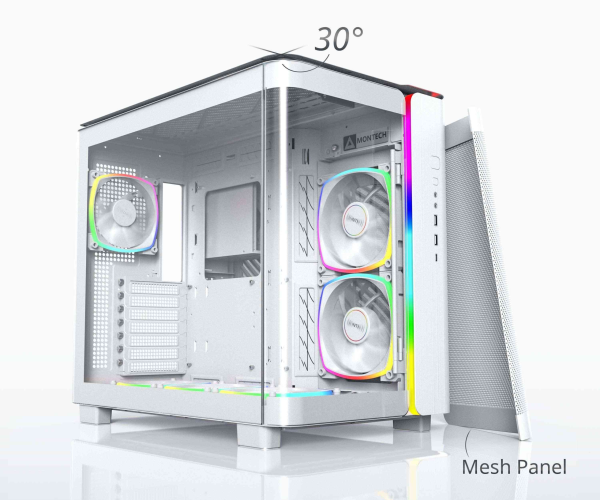 MONTECH, KING 95 PRO Dual-Chamber ATX Mid-Tower PC Gaming Case, High-Airflow, Toolless Panels, Sturdy Curved Tempered Glass Front, Six ARGB PWM Fan Pre-installed with Fan Hub, White