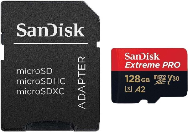 SanDisk 128GB Extreme PRO® microSD UHS-I Card with Adapter C10, U3, V30, A2, 200MB/s Read 90MB/s Write SDSQXCD-128G-GN6MA