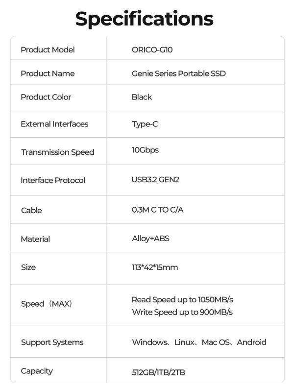 ORICO Genie RGB 512GBPortable SSD 1000MB/S External Solid State Drive Gen2 Type- C PSSD for Gamer Laptop
