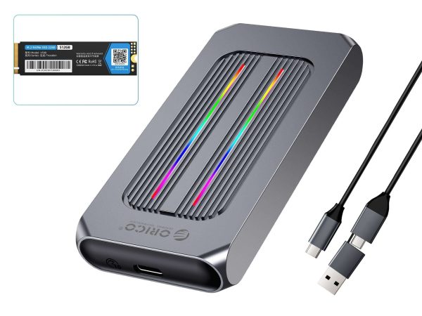 ORICO M.2 NVMe SSD 512GB PCIe Gen3. X4, NVMe 1.3 64L 3D NAND QLC Internal Solid State Drive 2280 with RGB M.2 NVMe SSD Enclosure - 512GB