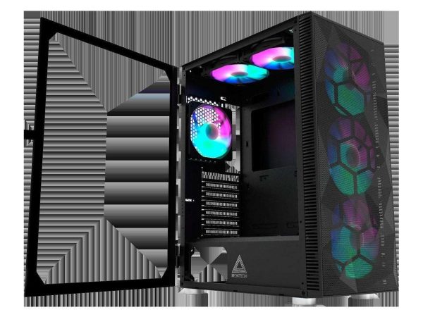 Montech X3 Mesh 6pcs, 3 x 140mm& 3 x 120mm Fixed RGB Lighting Fans (Pre-Installed) ATX Mid-Tower PC Gaming Case, USB3.0, Door Open Tempered Glass Side Panel, High Airflow, Black