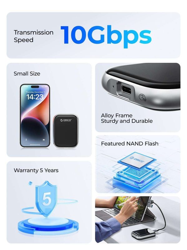 ORICO Beetle Portable SSD 1000MB/S External Solid State Drive 512GB USB 3.2 Gen2 Type C PSSD for Laptop 512GB (10Gbps)